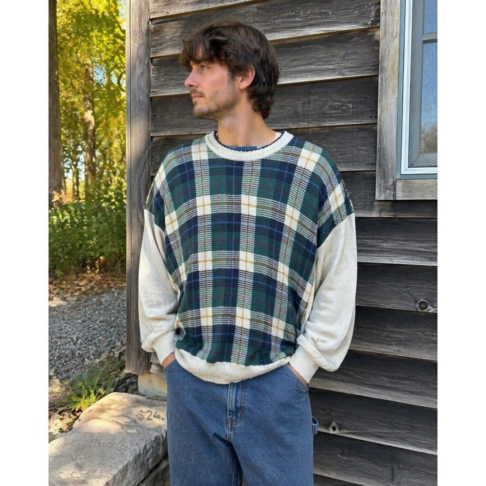 Vintage Trader Bay Plaid Sweater Mens 2XL USA Cotton Knit 90s Oversized‎